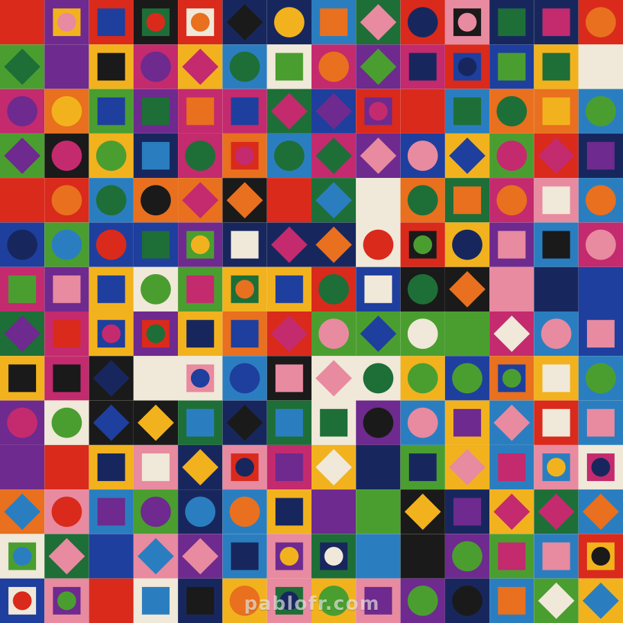Folklore, with no warp: the flat combinatorial grid of a cell color and a centred shape.