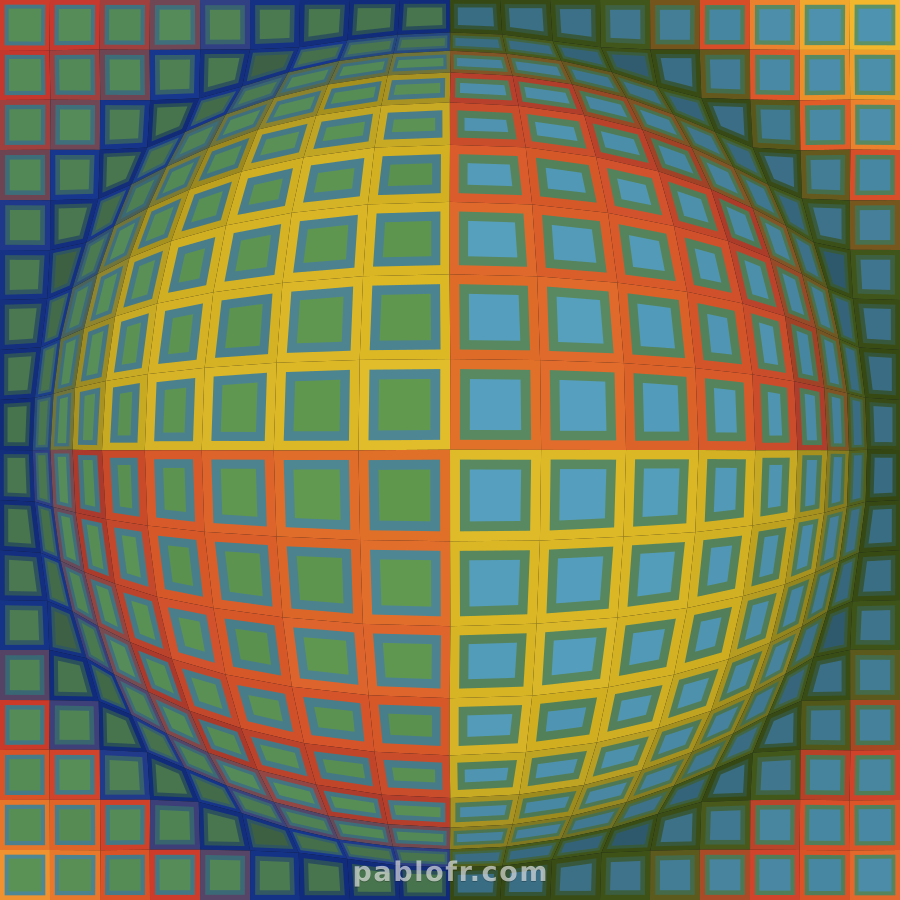 Vega-Nor (1969), rebuilt from an 18×18 grid, a single area-conserving bulge, and hand-sampled OKLab paint ramps.