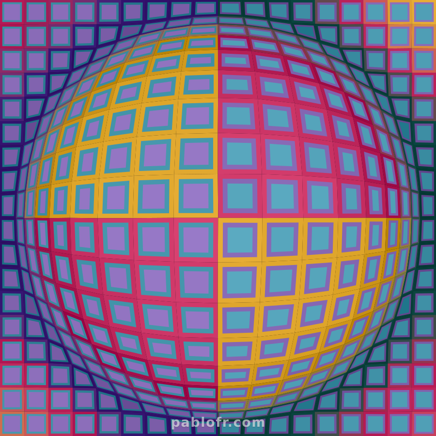 Púrpura: violet and teal fields under amber and magenta lattices.