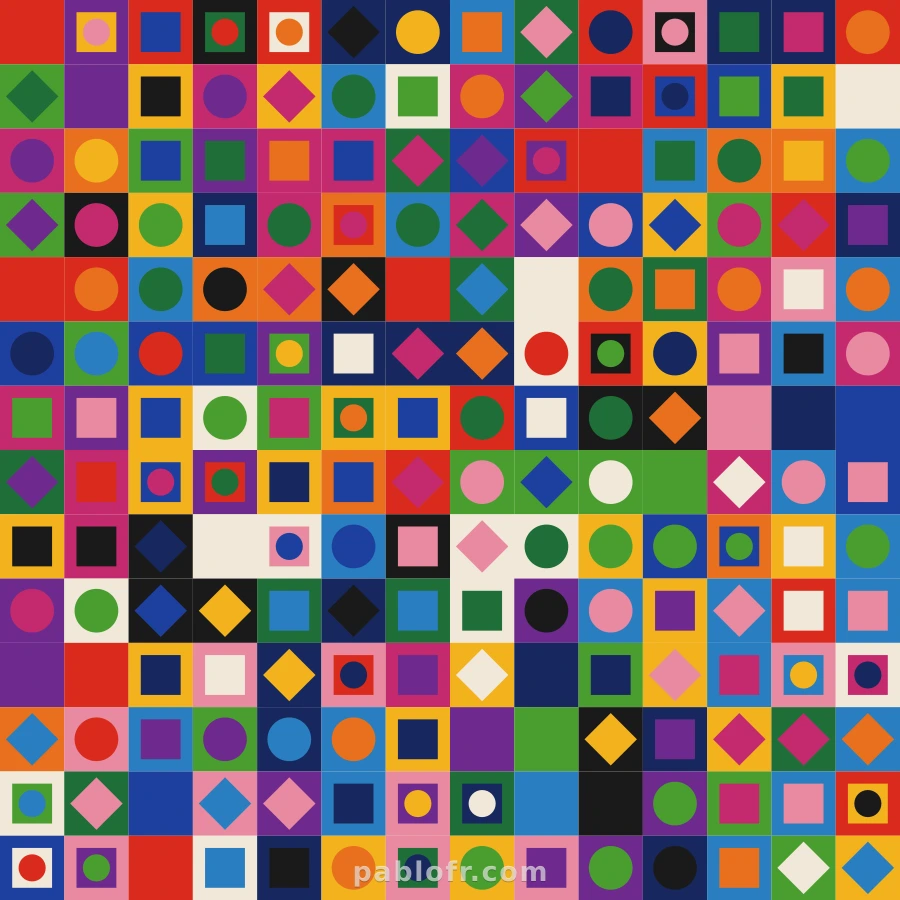 Folklore, with no warp: the flat combinatorial grid of a cell color and a centred shape.
