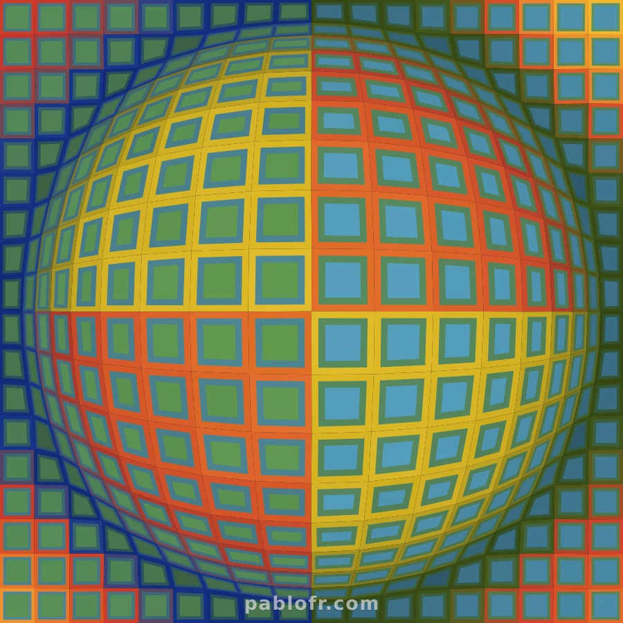 Vega-Nor (1969), rebuilt from an 18×18 grid, a single area-conserving bulge, and hand-sampled OKLab paint ramps.